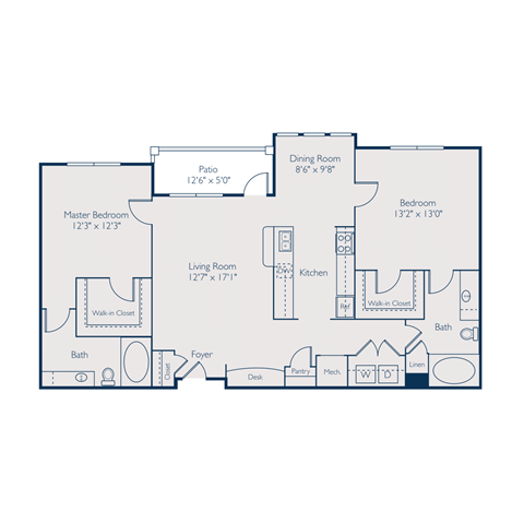 Floor plan for 2 beds, 2 baths, 1239 sqft